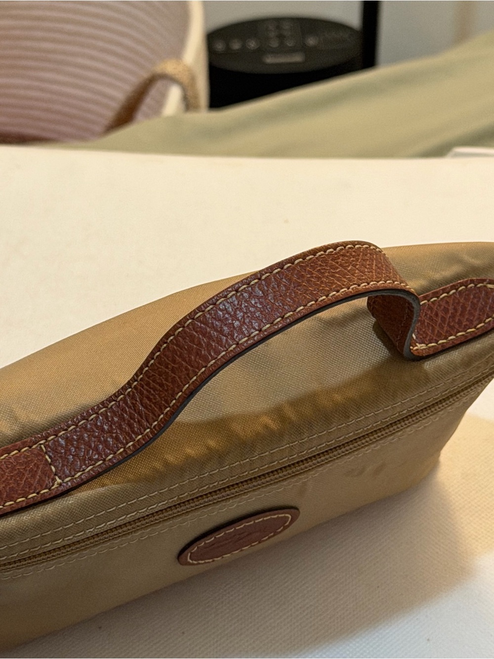 Longchamp Tan Nylon Mini Handle Pouch with Brown Leather Trim - Picture 4 of 7